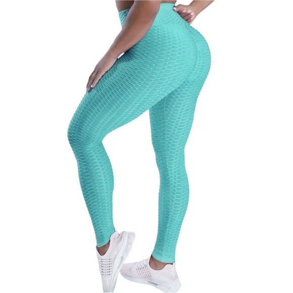 Mint Green Honeycomb High Waist Anti-Cellulite Push Up TikTok Leggings - Size XL - Picture 1 of 9